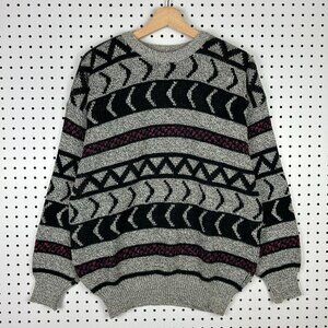 Brittany Bay Abstract Chunky‎ Knit Sweater Large Gray Multicolor Vtg Grandpa 90s